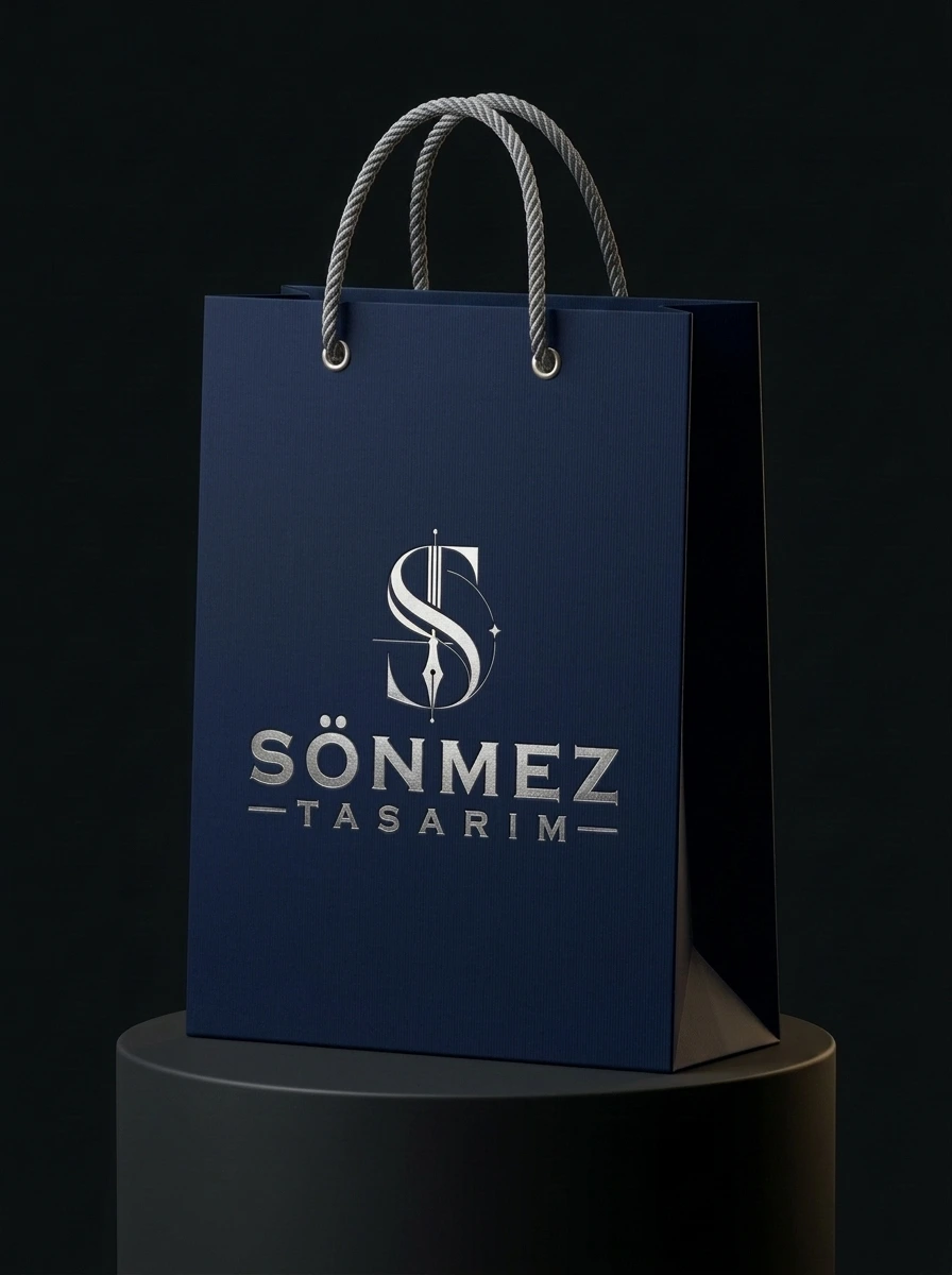 Gümüş Yaldızlı Karton Poşet (30×40×12 cm) — Koyu Lacivert Grenli Kağıt Çanta - Ayna Gümüş Varak & Kabartma • Gümüş Kuşgözü & İpek Halat Saplı Mağaza Poşeti - Sahne 1 | Sönmez Tasarım