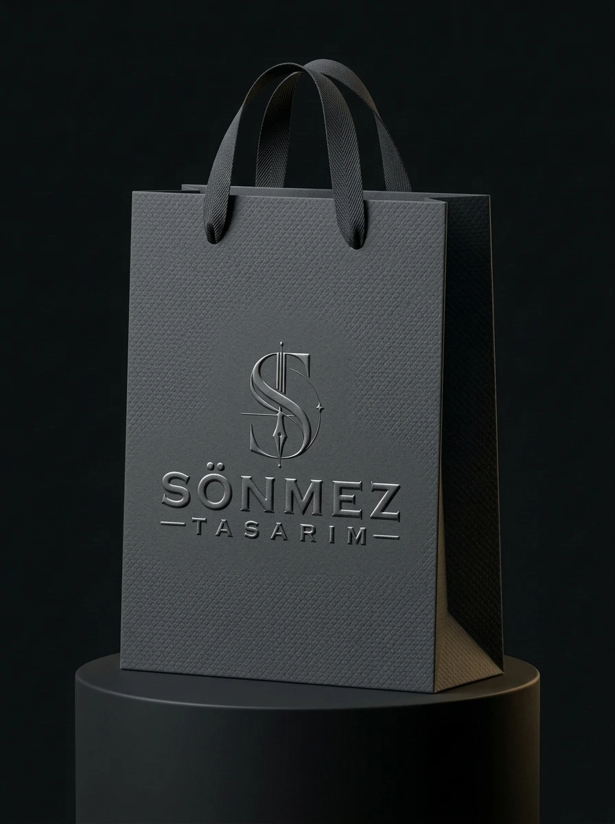 Yüksek Kabartma Gofre Baskılı Karton Çanta (28×38×10 cm) — Antrasit Dokulu - 350gr Mikro-Elmas Desenli Zemin • 3D Kör Gofre (Emboss) & Dokuma Şerit Sap - Sahne 1 | Sönmez Tasarım